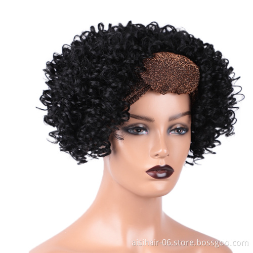 Cheap wholesale short black water wave good kinky curly synthetic headband attached wig grip black women brazilian